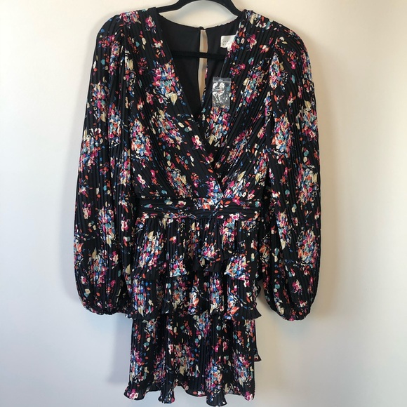Dee Elly Black Floral Print Tiered Mini Dress Long Sleeve Smocked Waist Large - Picture 5 of 14
